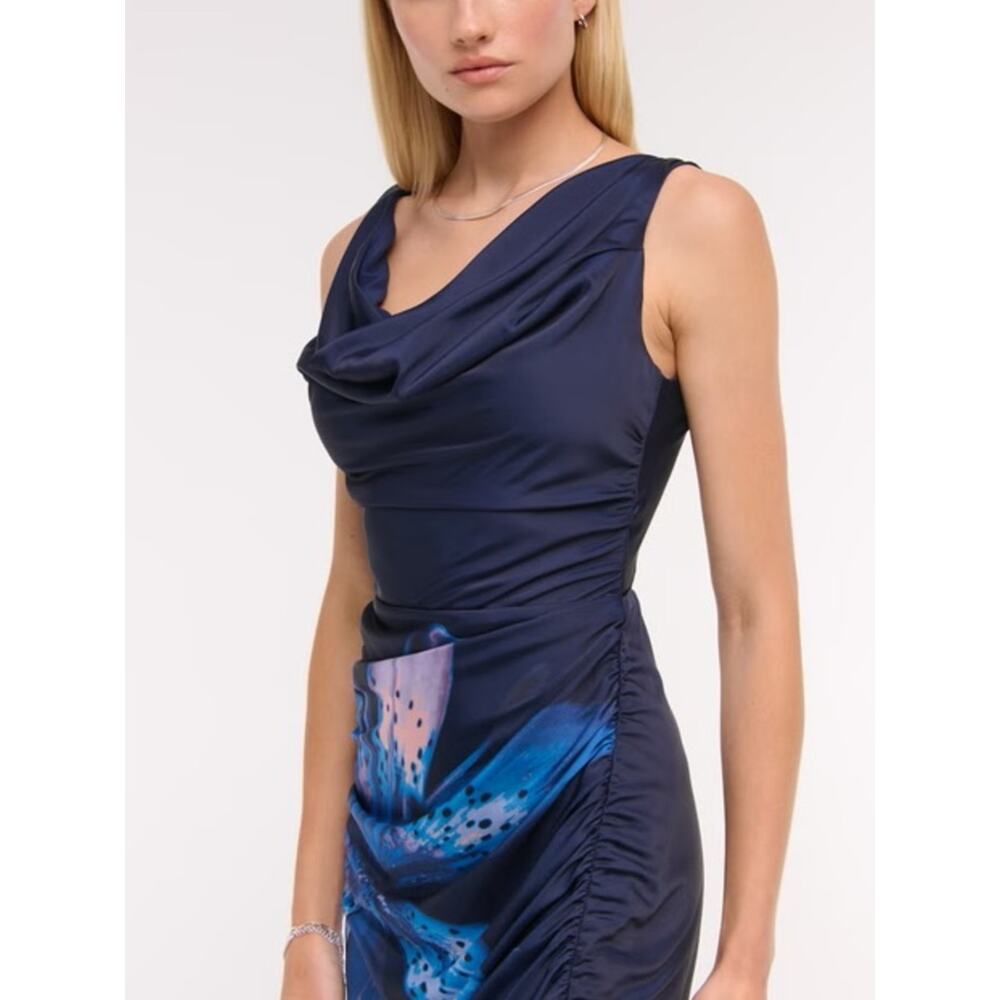 Abercrombie & Fitch Women’s Cowl Neck Draped Maxi Dress Dark Indigo Floral - Picture 9 of 14